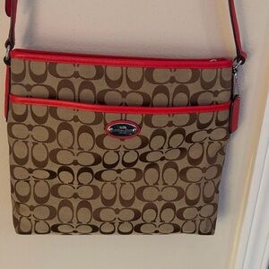 Coach Tan and Red Signature Crossbody Bag